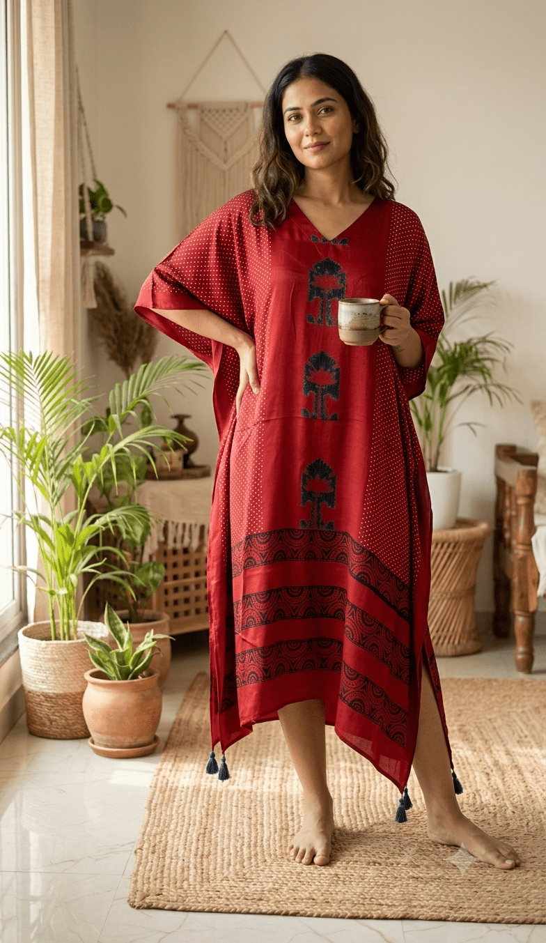 Red Temple Hand Block Print Ajarakh Kaftan Dress, Modal Silk, Indigo Blue Maxi for Women, Free Size - Neela Ghar