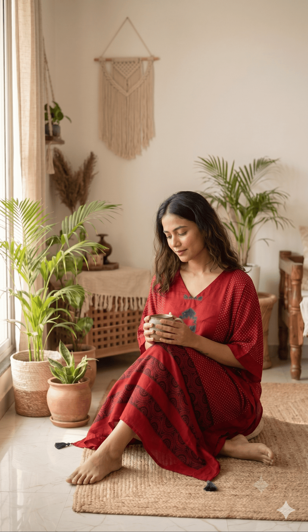 Red Temple Hand Block Print Ajarakh Kaftan Dress, Modal Silk, Indigo Blue Maxi for Women, Free Size - Neela Ghar