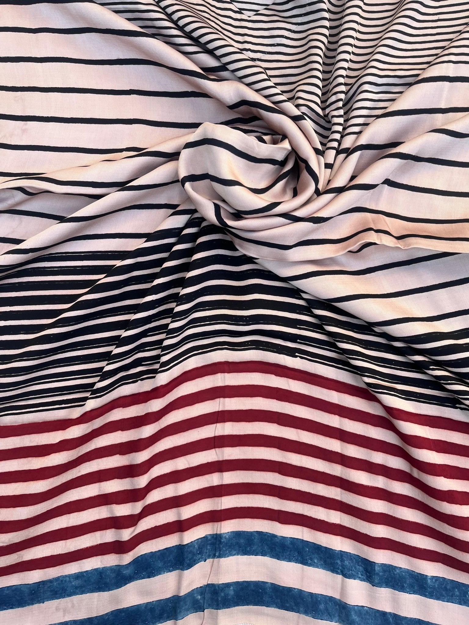 White Classic Horizontal Uneven Stripes Ajrakh Handblock Kaftan - Neela Ghar