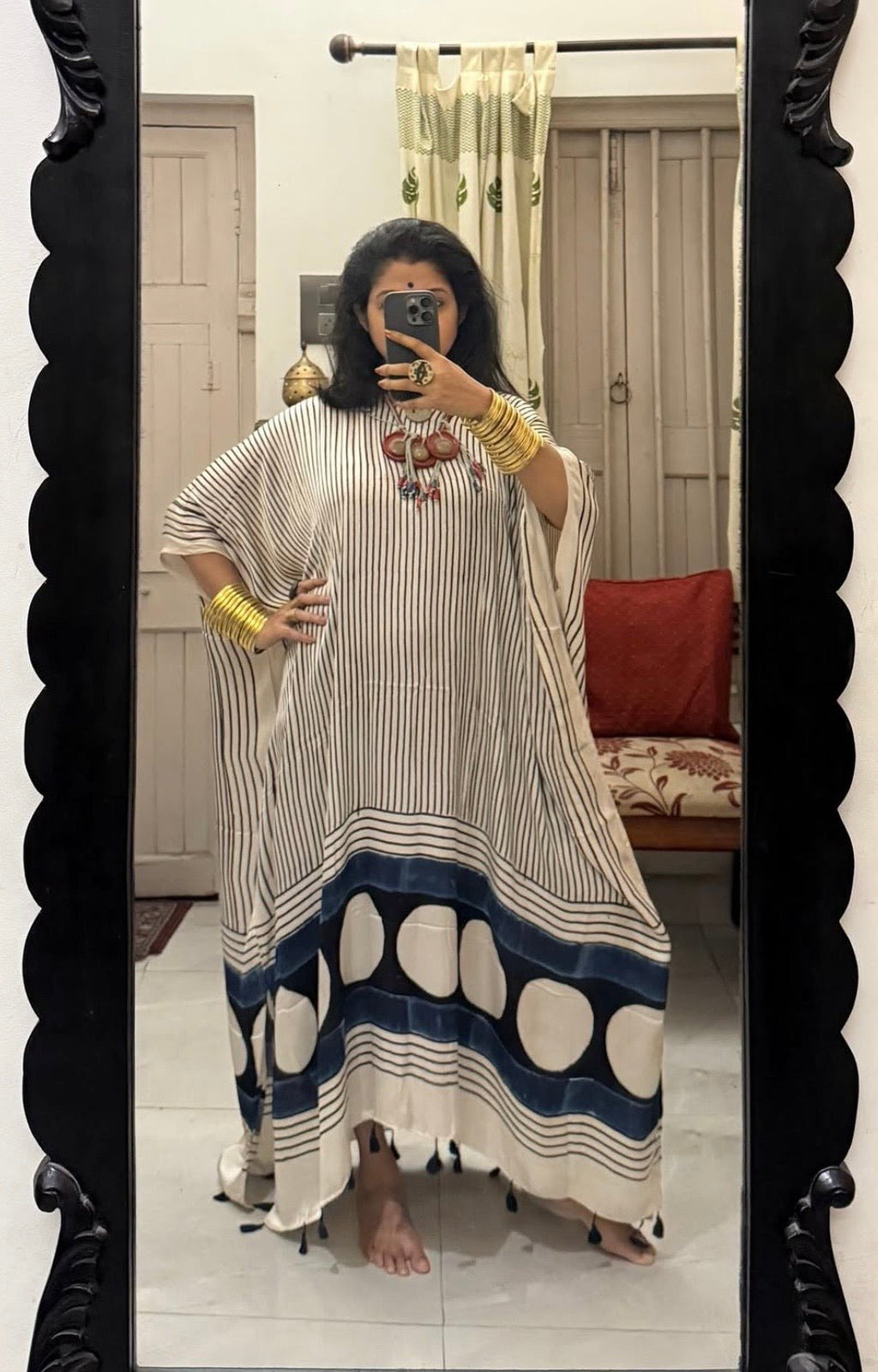 White Micro Stripes Ajrakh Handblock Modalsilk Kaftan - Neela Ghar