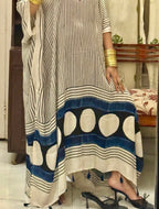 White Micro Stripes Ajrakh Handblock Modalsilk Kaftan - Neela Ghar