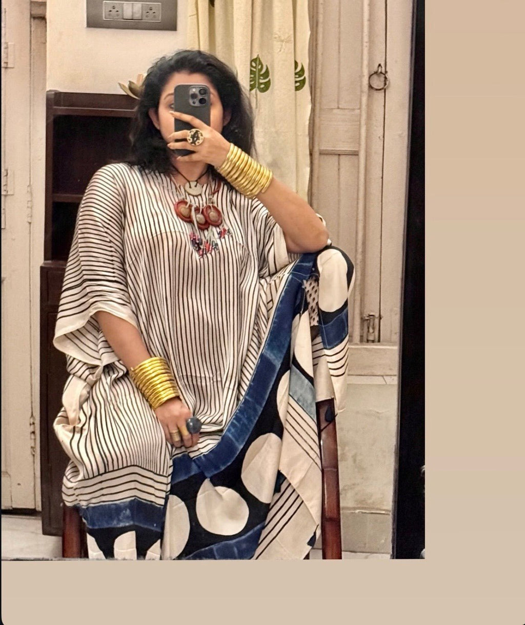 White Micro Stripes Ajrakh Handblock Modalsilk Kaftan - Neela Ghar