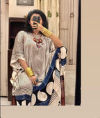 White Micro Stripes Ajrakh Handblock Modalsilk Kaftan - Neela Ghar