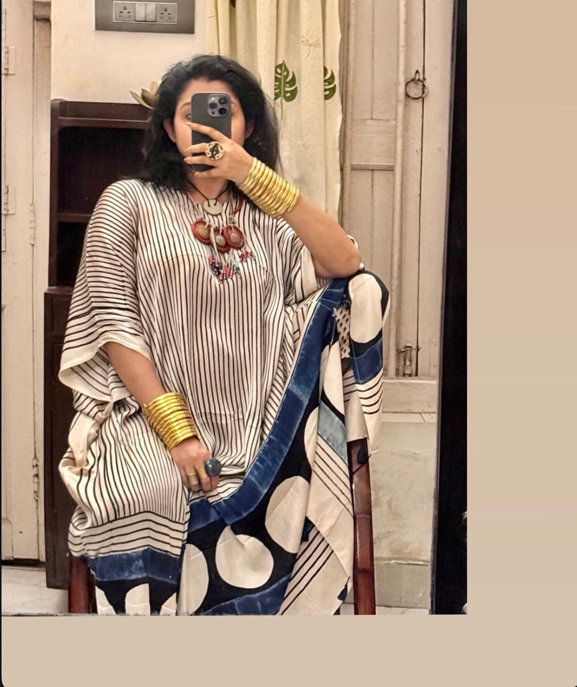 White Micro Stripes Ajrakh Handblock Modalsilk Kaftan - Neela Ghar